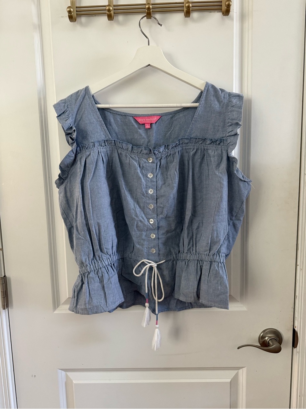 Simply Southern Light Blue Chambray Ruffle Button-Front Top